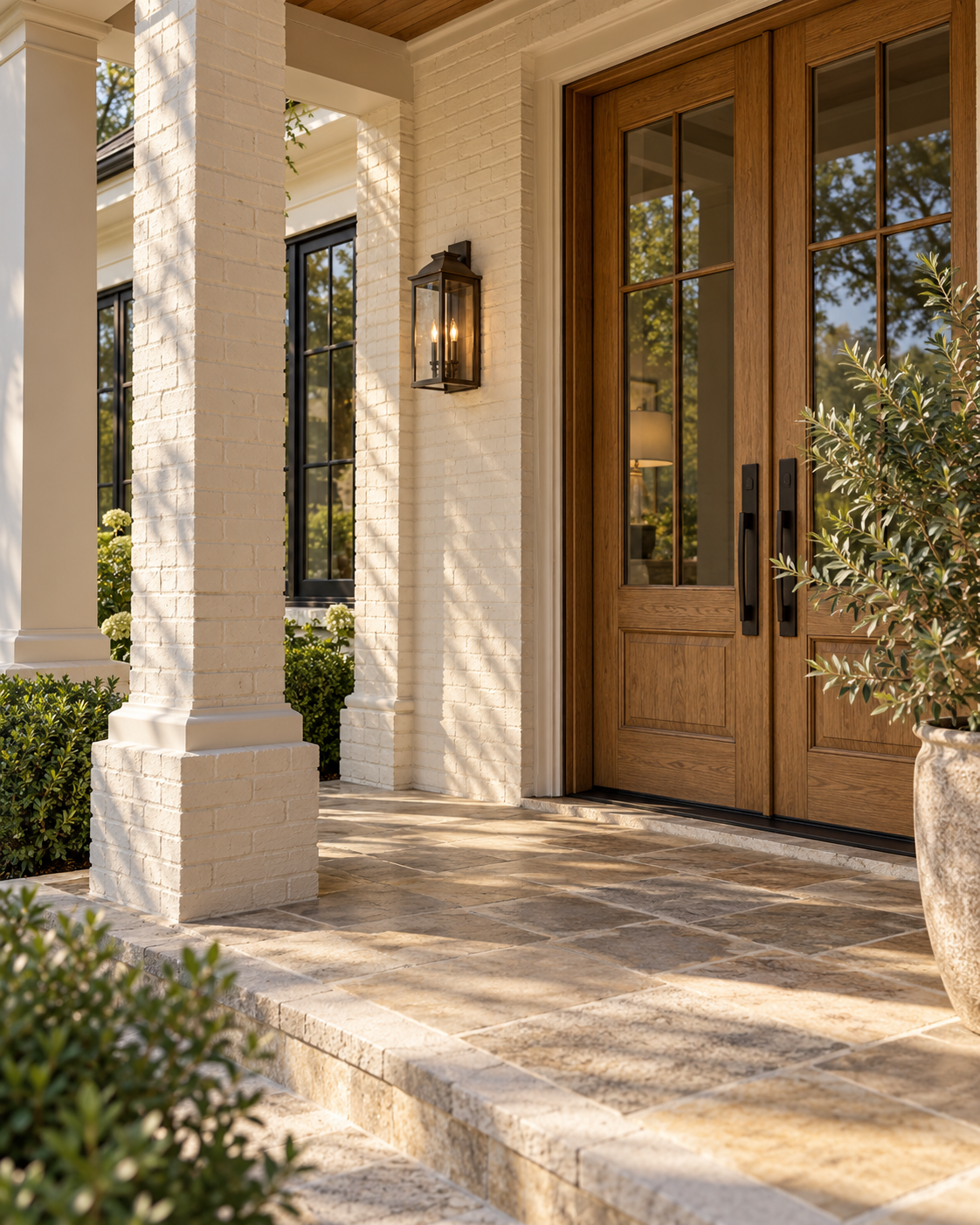Warm contemporary porch with painted brick and a natural wood entrance